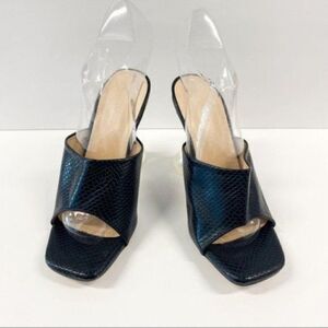 Women Peep Toe Fashion Block Heels Slipper Faux Leather Shoes Pump Slip On Shoes